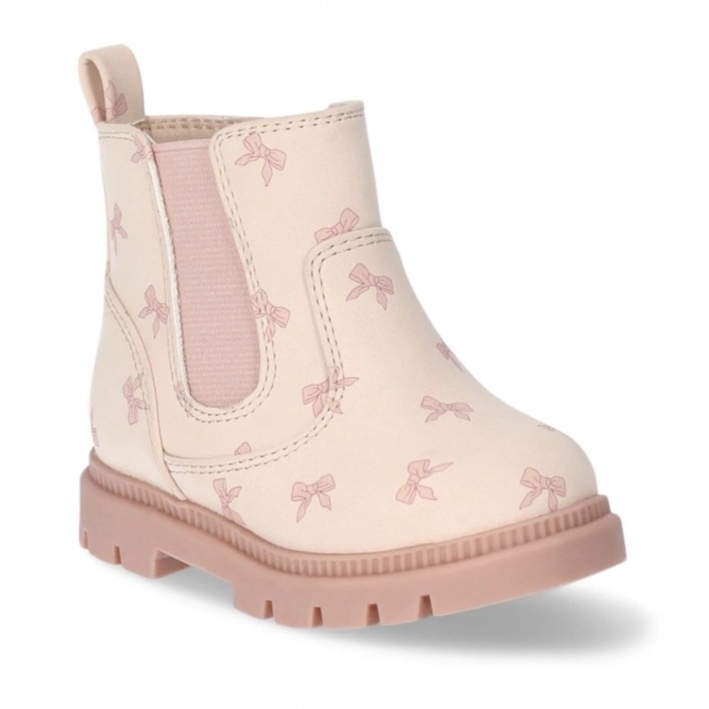 Wonder Nation Infant Girls Chelsea Boots Size 3 Bow Print‎ Pink Cream NWT